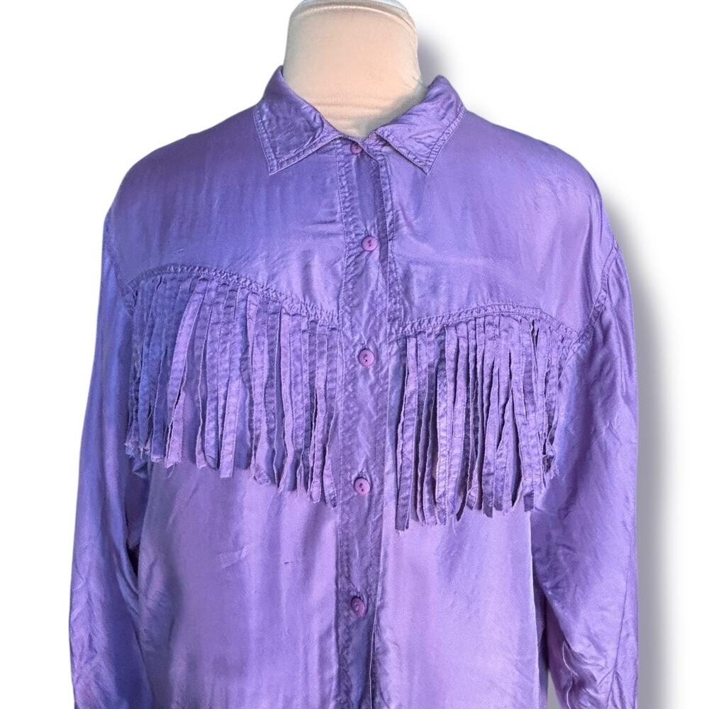 Vintage Silk Mist Purple Fringe Western Button Up Shirt Boho 90s Medium Festival